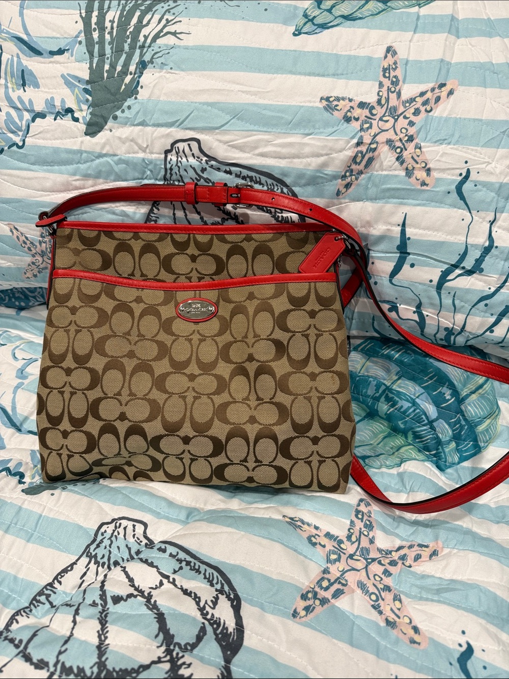 Coach Khaki Signature Crossbody with Red Trim